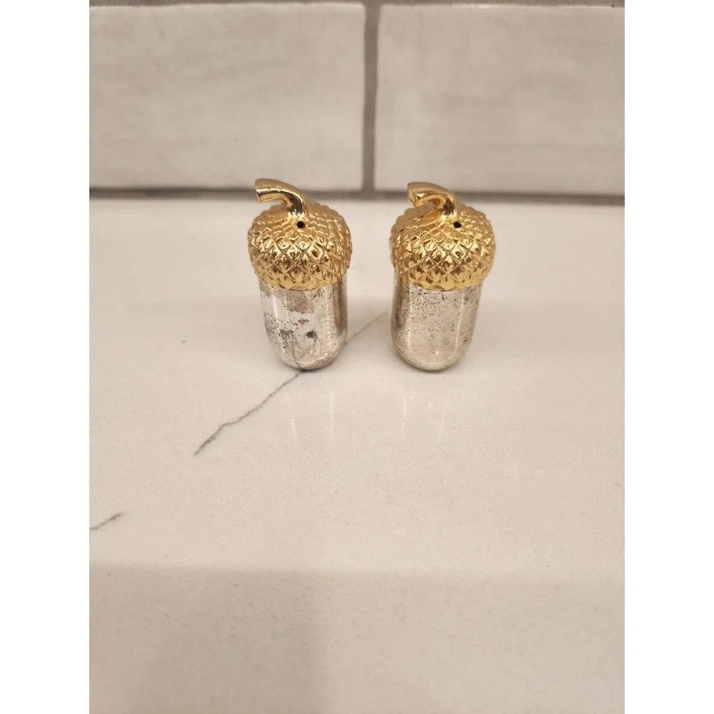 Vintage Silver With Gold Tone on top Salt and Pepper Acorn Shakers Made In Japan